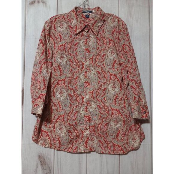 Chaps Ladies 2x Paisley Button Down Shirt Top Blouse Red Taupe Long Sleeve - Picture 1 of 7